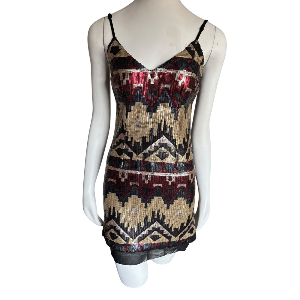 Sequin Mini Dress Sleeveless V‎ Neck Aztec Geometric Party Cocktail Size XS